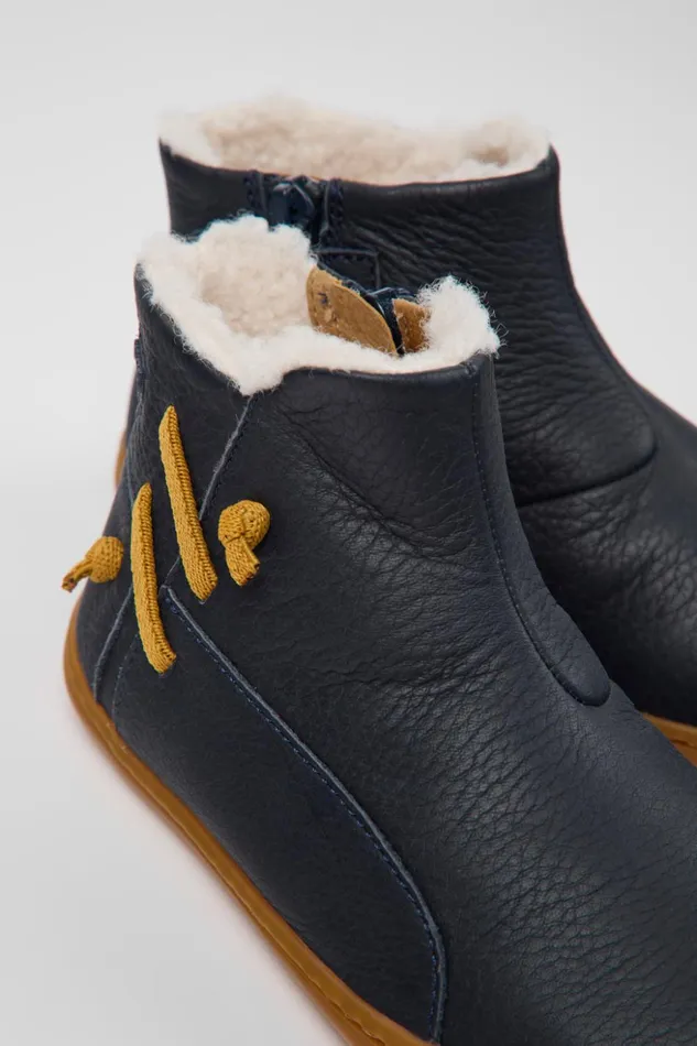 Kids Peu Navy Blue Leather Ankle Boots Camper Boots