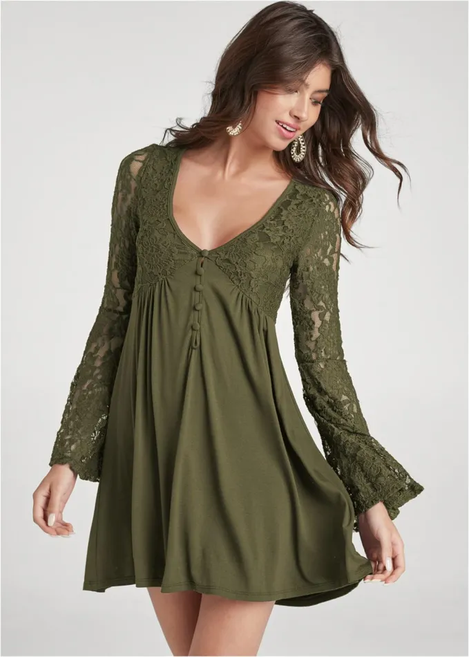 Lace Detail Aline Dress Olive Women VENUS Sundresses