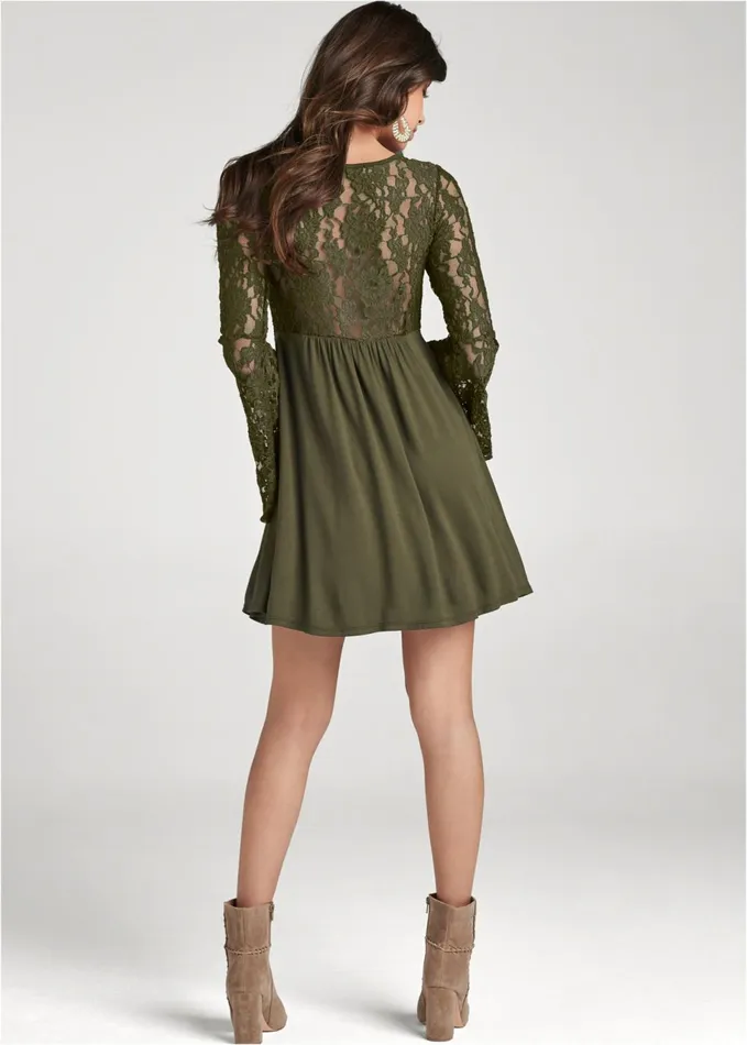 Lace Detail Aline Dress Olive Women VENUS Sundresses