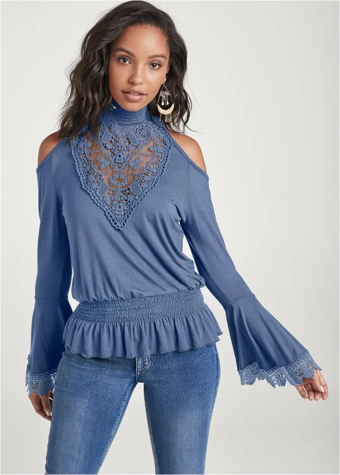 Lace Mockneck Top Blue Women VENUS Long Sleeve Tops