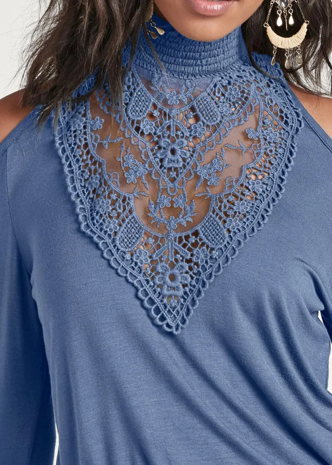 Lace Mockneck Top Blue Women VENUS Long Sleeve Tops