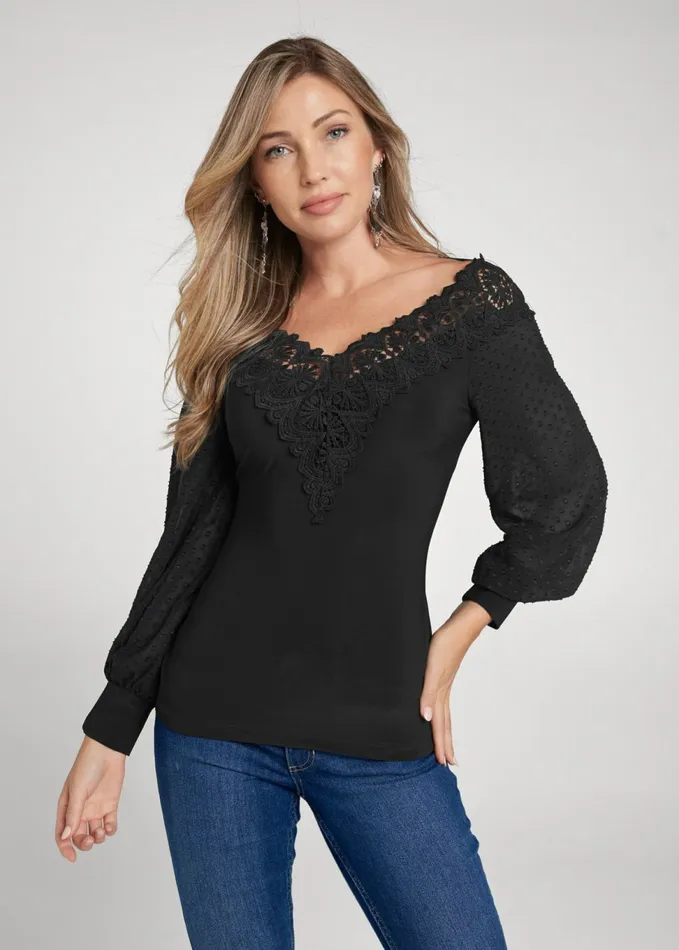 LACE NECKLINE TOP Black Women VENUS Night Out Tops
