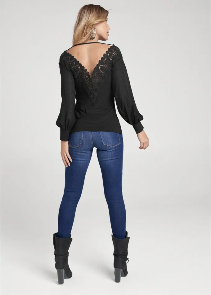 LACE NECKLINE TOP Black Women VENUS Night Out Tops