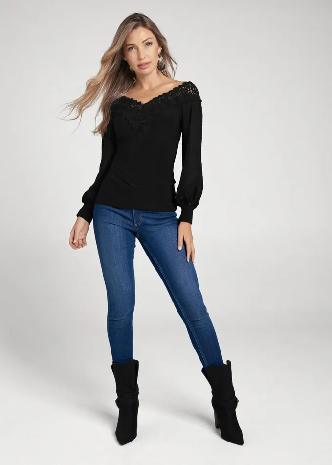 LACE NECKLINE TOP Black Women VENUS Night Out Tops