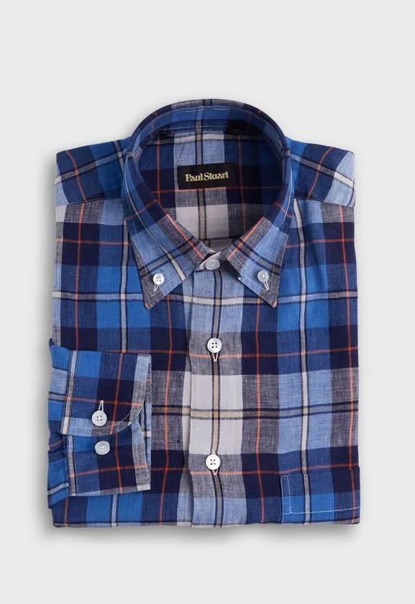Linen Plaid Sport Shirt BlueRed Sport Shirts Paulstuart Mens