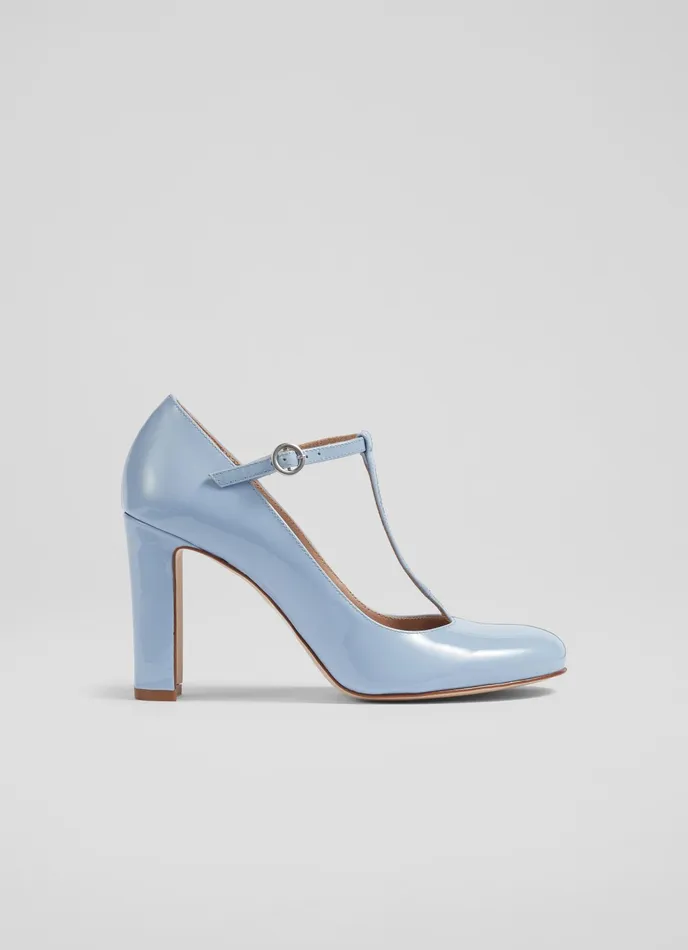 LK Bennett Annalise Blue Patent Leather TBar Shoes Women Court Shoes