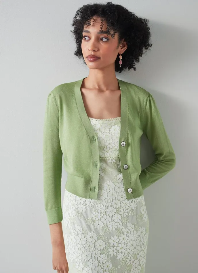 LK Bennett Aurelia Green And Gold Thread Cardigan Women Knitwear