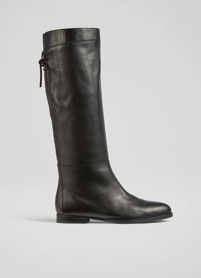 LK Bennett Cassandra Black Leather Flat KneeHigh Boots Women Boots