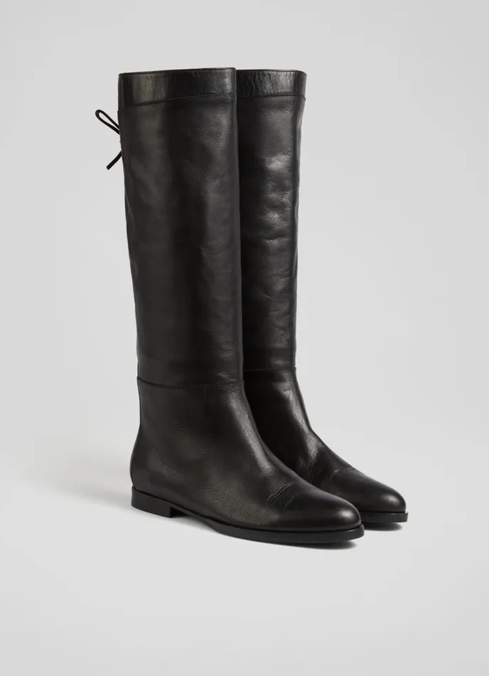LK Bennett Cassandra Black Leather Flat KneeHigh Boots Women Boots