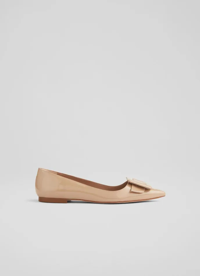 LK Bennett Devon Beige Patent Leather BuckleDetail Flats Women Flats