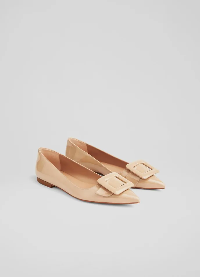 LK Bennett Devon Beige Patent Leather BuckleDetail Flats Women Flats