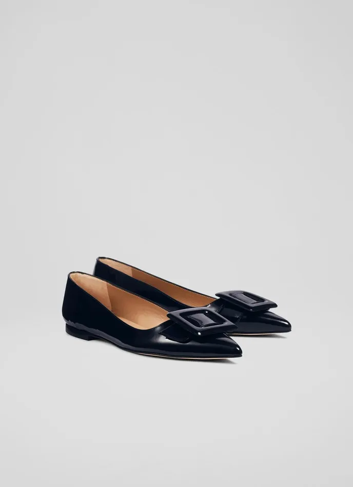 LK Bennett Devon Beige Patent Leather BuckleDetail Flats Women Flats
