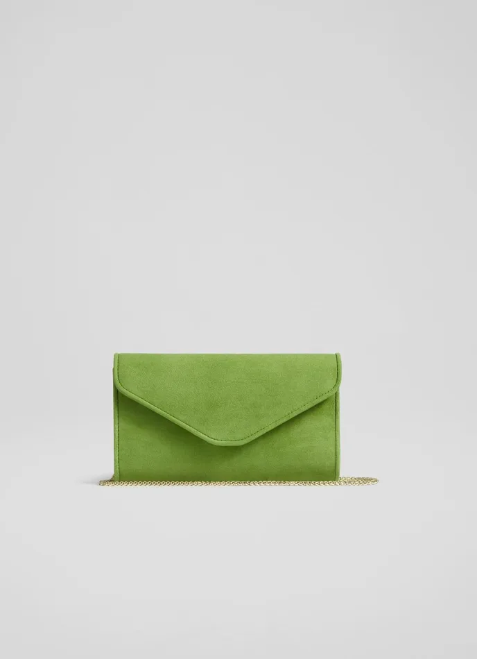 LK Bennett Dominica Apple Green Suede Clutch Bag Women Clutch Bags