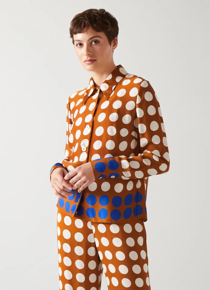 LK Bennett Elise Caramel Cream And Blue Graphic Spot Shirt Women Tops