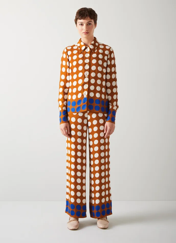 LK Bennett Elise Caramel Cream And Blue Graphic Spot Shirt Women Tops