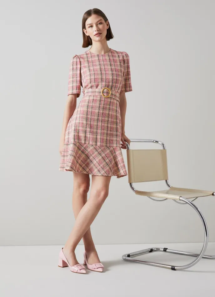 LK Bennett Eliza Pink CottonRaffia Blend Check Tweed Dress Women Dresses