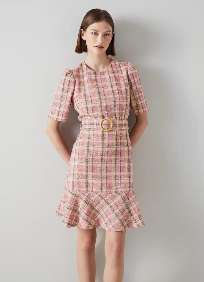 LK Bennett Eliza Pink CottonRaffia Blend Check Tweed Dress Women Dresses
