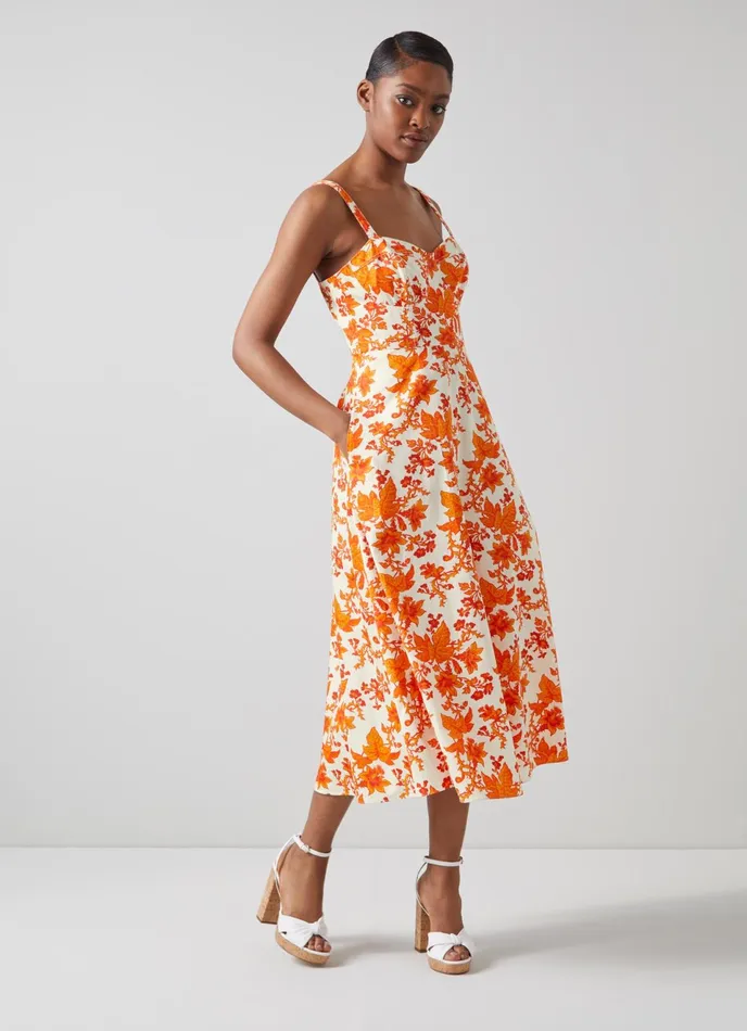 LK Bennett Lucy Orange Vine Leaf Print Cotton Sun Dress Women Dresses