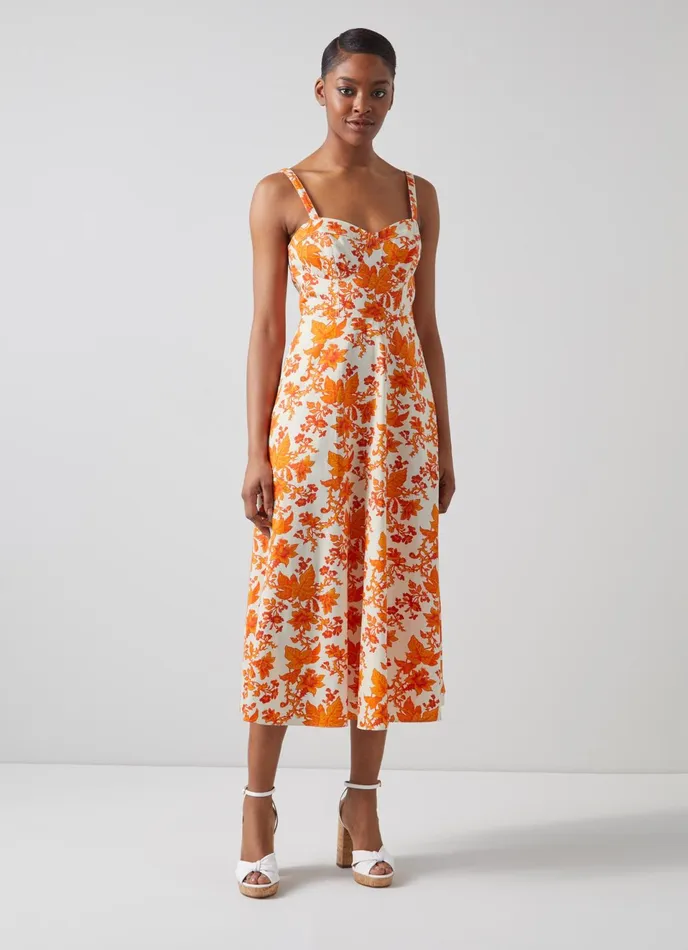 LK Bennett Lucy Orange Vine Leaf Print Cotton Sun Dress Women Dresses