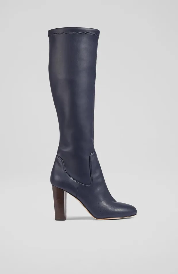 LK Bennett Marlowe Navy Stretch Vegan Leather KneeHigh Boots Women Boots