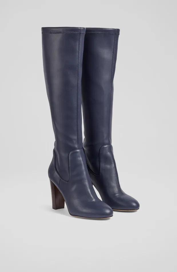 LK Bennett Marlowe Navy Stretch Vegan Leather KneeHigh Boots Women Boots