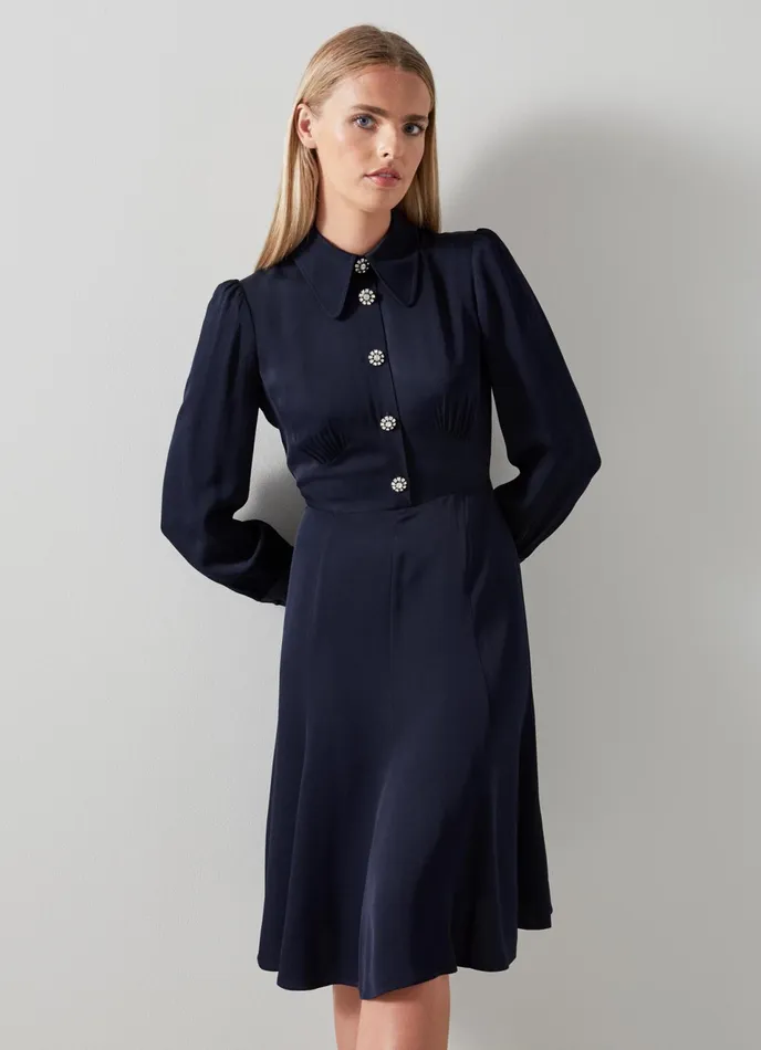 LK Bennett Mira Navy Crepe Long Sleeve Tea Dress Women Dresses