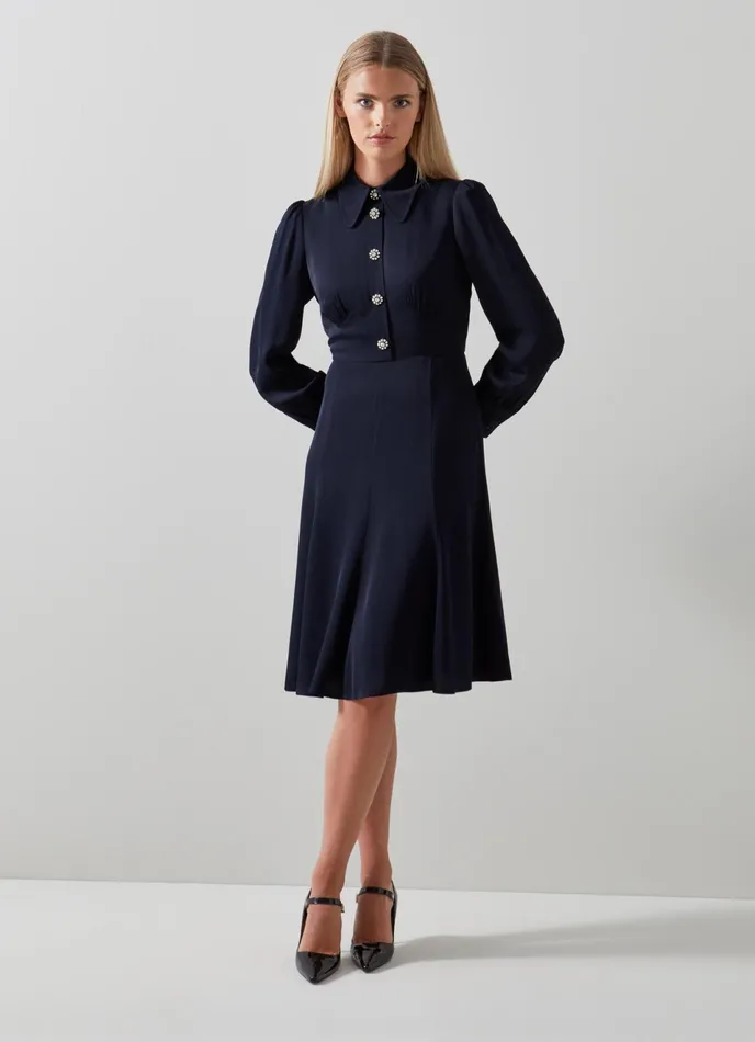 LK Bennett Mira Navy Crepe Long Sleeve Tea Dress Women Dresses