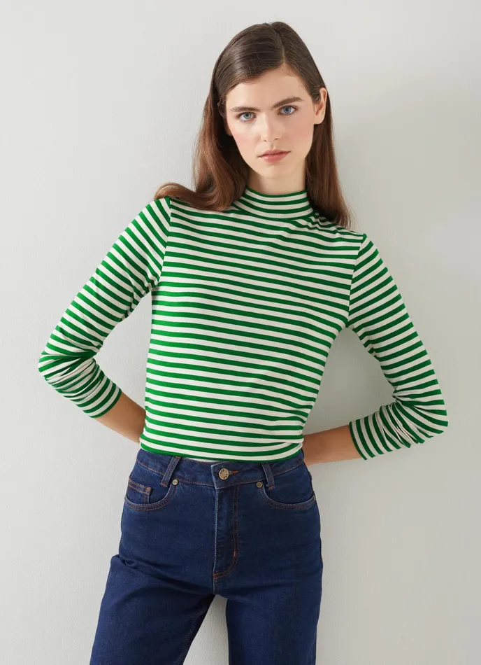 LK Bennett Rita Green And Cream Stripe Lenzing Ecovero Viscose Top Women Tops