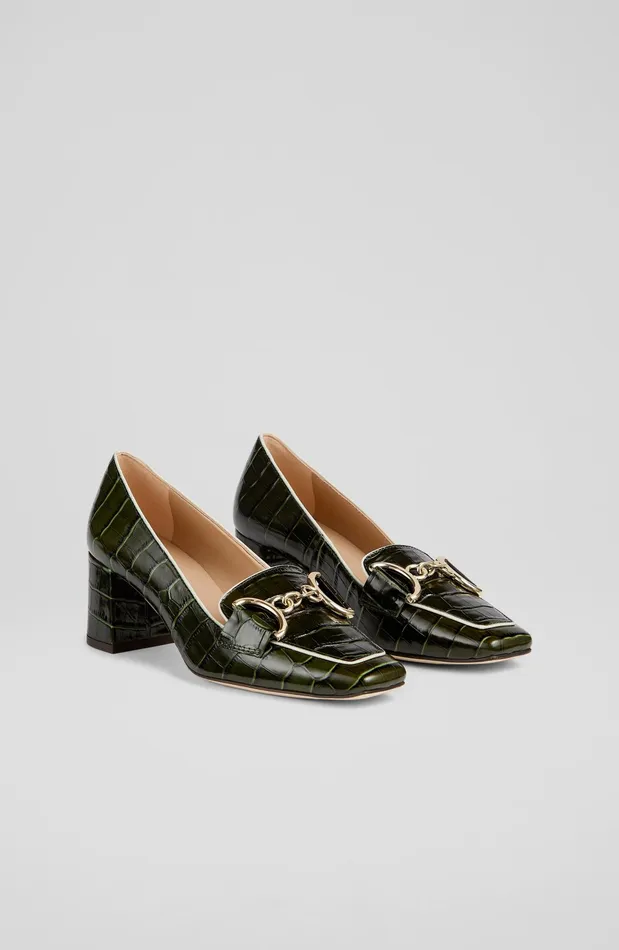 LK Bennett Samantha Bordeaux CrocEffect Leather SnaffleDetail Courts Women Court Shoes