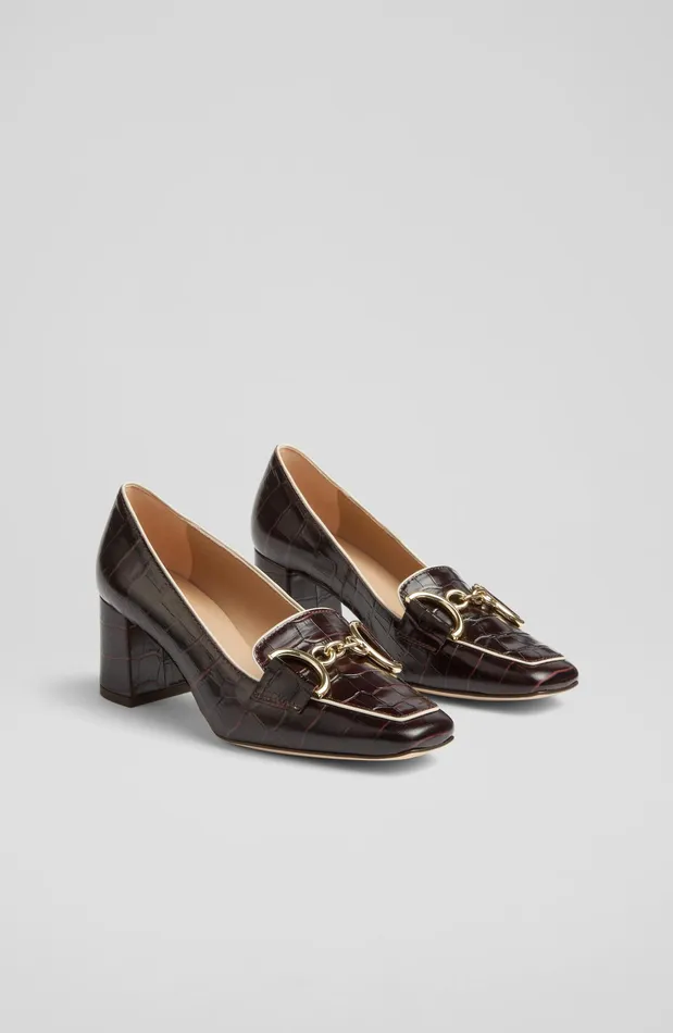 LK Bennett Samantha Bordeaux CrocEffect Leather SnaffleDetail Courts Women Court Shoes