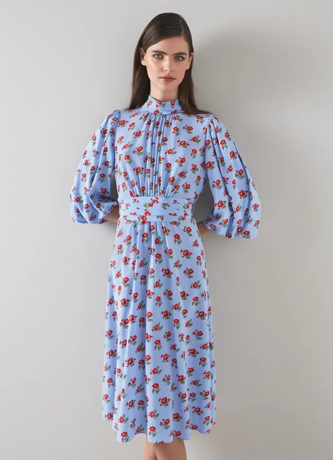 LK Bennett Tamara Blue And Red Primula Print Silk Dress Women Dresses