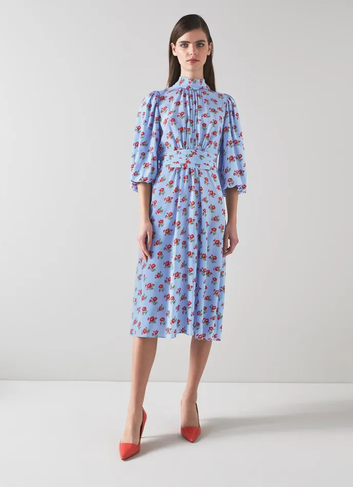 LK Bennett Tamara Blue And Red Primula Print Silk Dress Women Dresses