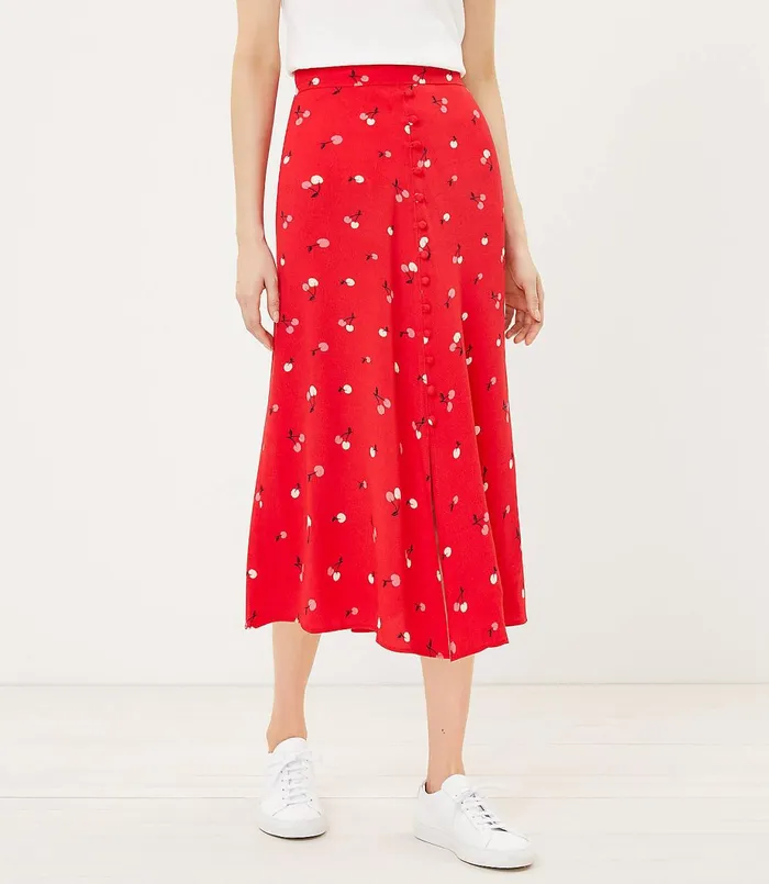 LOFT Cherry Button Midi Skirt Fearless Red Women Skirts