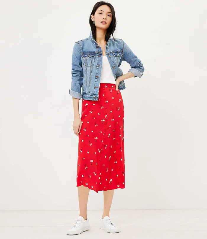 LOFT Cherry Button Midi Skirt Fearless Red Women Skirts