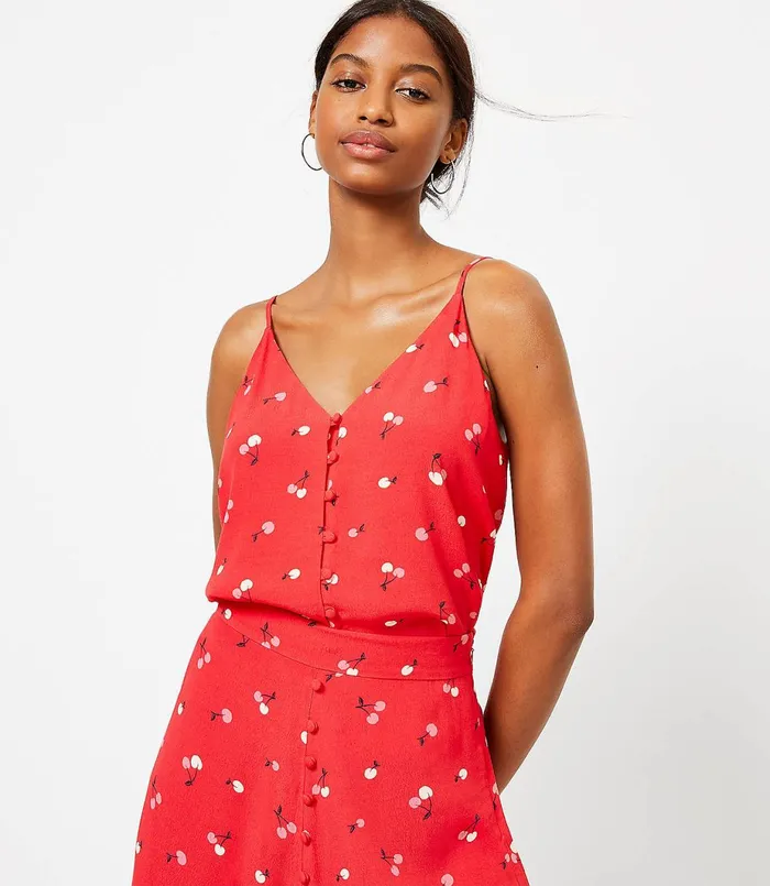 LOFT Cherry Covered Button Strappy Cami Fearless Red Women Tops