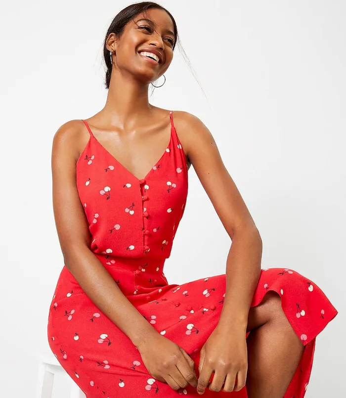 LOFT Cherry Covered Button Strappy Cami Fearless Red Women Tops