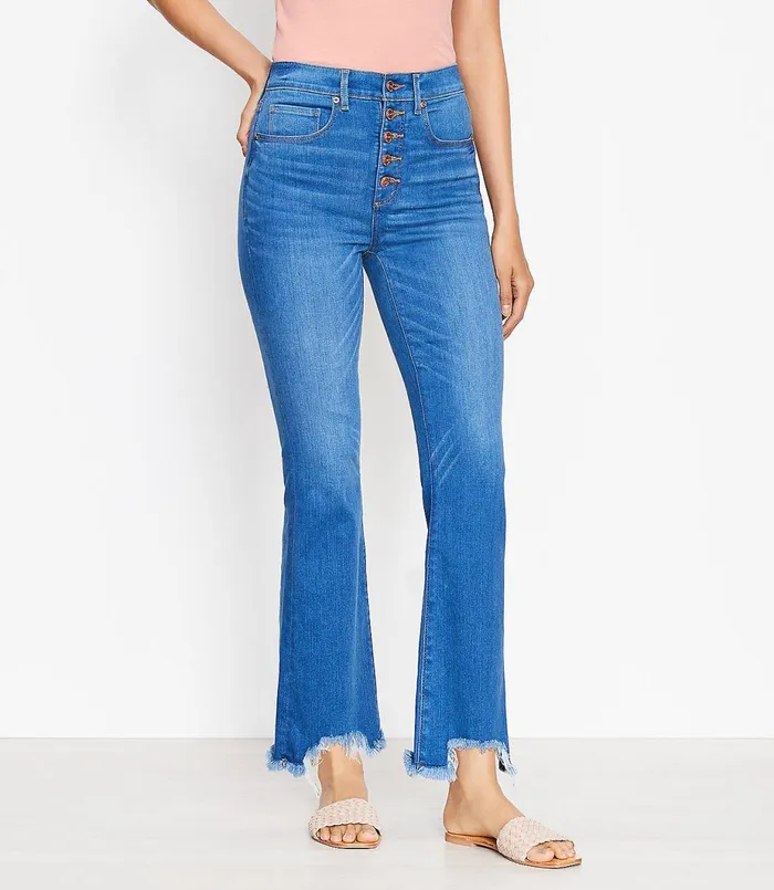 LOFT Chewed Hem Button Front High Rise Kick Crop Jeans In Classic Indigo Wash Classic Indigo Wash Women Jeans LOFT Chewed Hem Button Front High Rise Kick Crop Jeans In Classic Indigo Wash Classic Indigo Wash Women Jeans