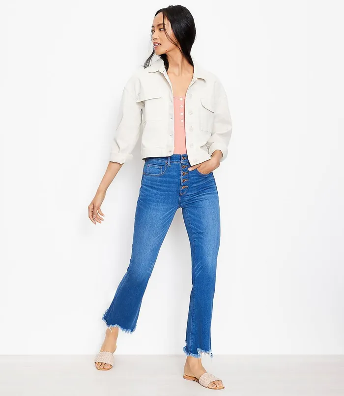 LOFT Chewed Hem Button Front High Rise Kick Crop Jeans In Classic Indigo Wash Classic Indigo Wash Women Jeans