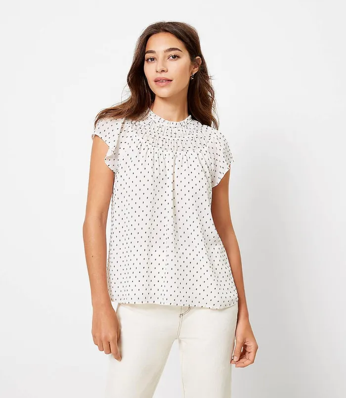 LOFT Clip Smocked Neck Shell Whisper White Women Tops