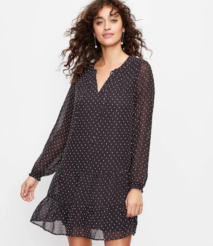 LOFT Clip Tie Neck Swing Dress Black Women Little Black Dresses