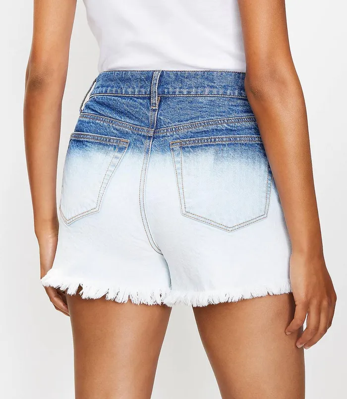 LOFT Curvy Frayed High Rise Cut Off Denim Shorts In Dip Dye Original Mid Indigo Wash Women Shorts