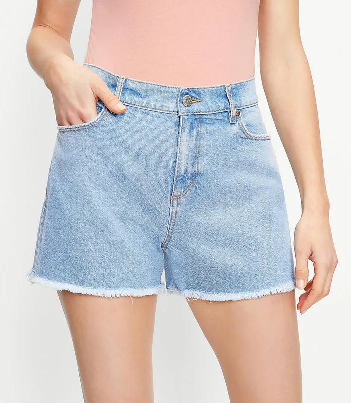 LOFT Distressed High Rise Cut Off Denim Shorts In Original Mid Indigo Wash Original Mid Indigo Wash Women Shorts LOFT Distressed High Rise Cut Off Denim Shorts In Original Mid Indigo Wash Original Mid Indigo Wash Women Shorts