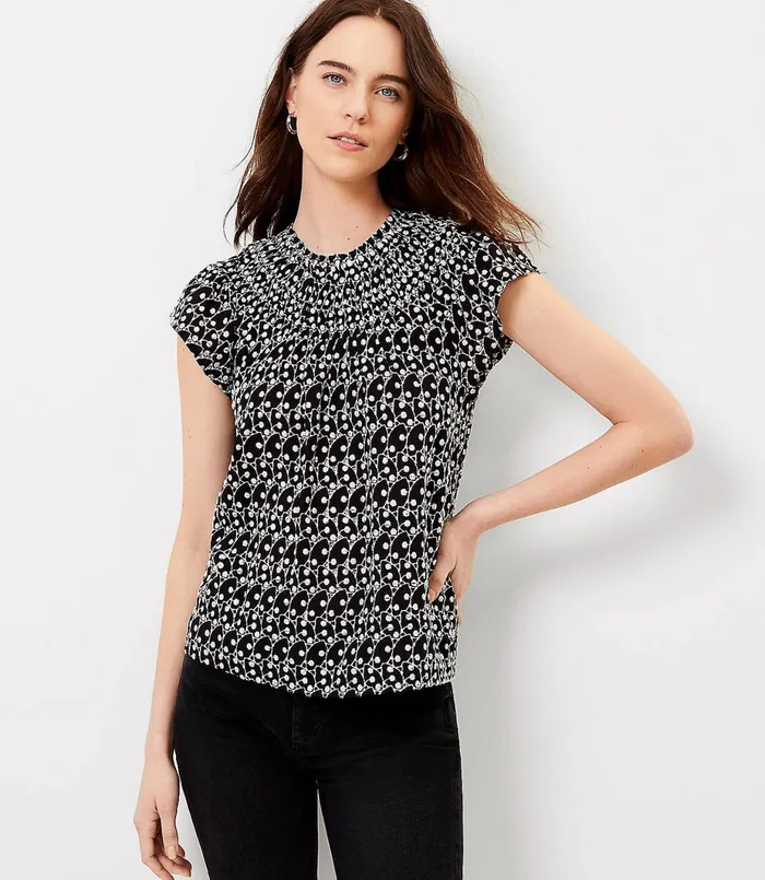 LOFT Embroidered Smocked Neck Shell Black Women Tops