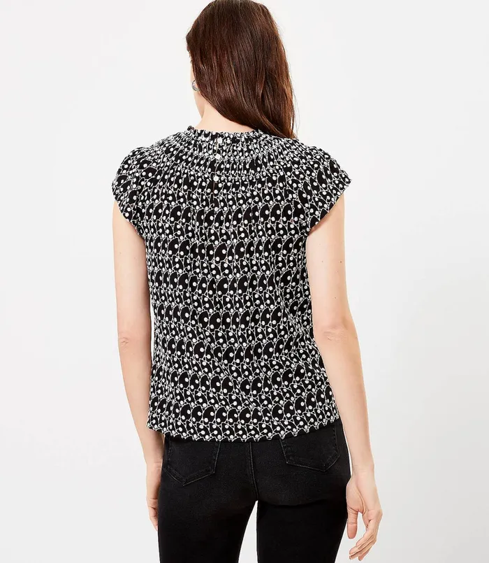 LOFT Embroidered Smocked Neck Shell Black Women Tops