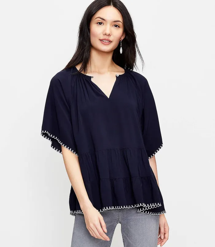 LOFT Embroidered Tiered Top Forever Navy Women Tops