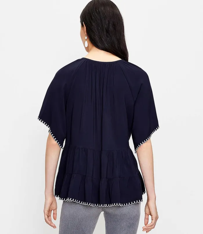 LOFT Embroidered Tiered Top Forever Navy Women Tops