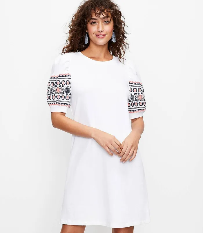 LOFT Floral Embroidered Sweatshirt Dress White Women Party Dresses