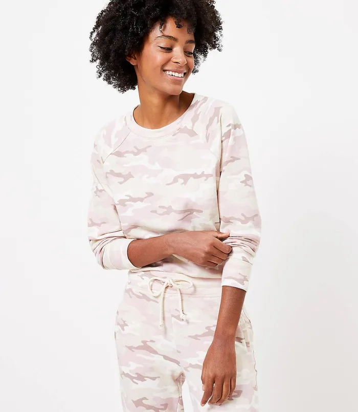 LOFT Lou and Grey Camo Terry Sweatshirt Blush Tan Women Loungewear