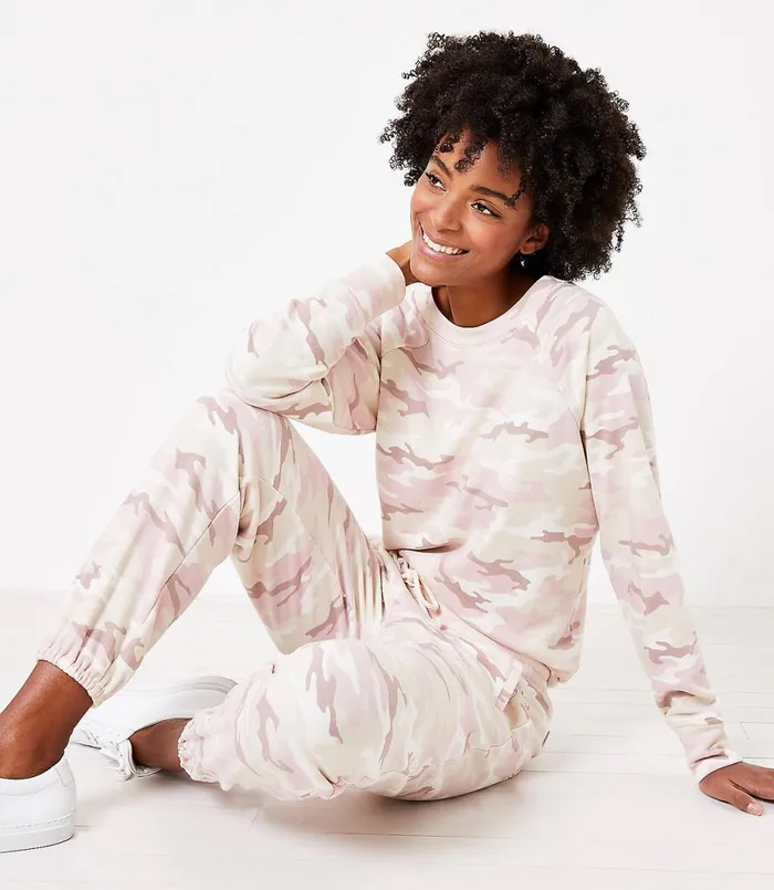 LOFT Lou and Grey Camo Terry Sweatshirt Blush Tan Women Loungewear