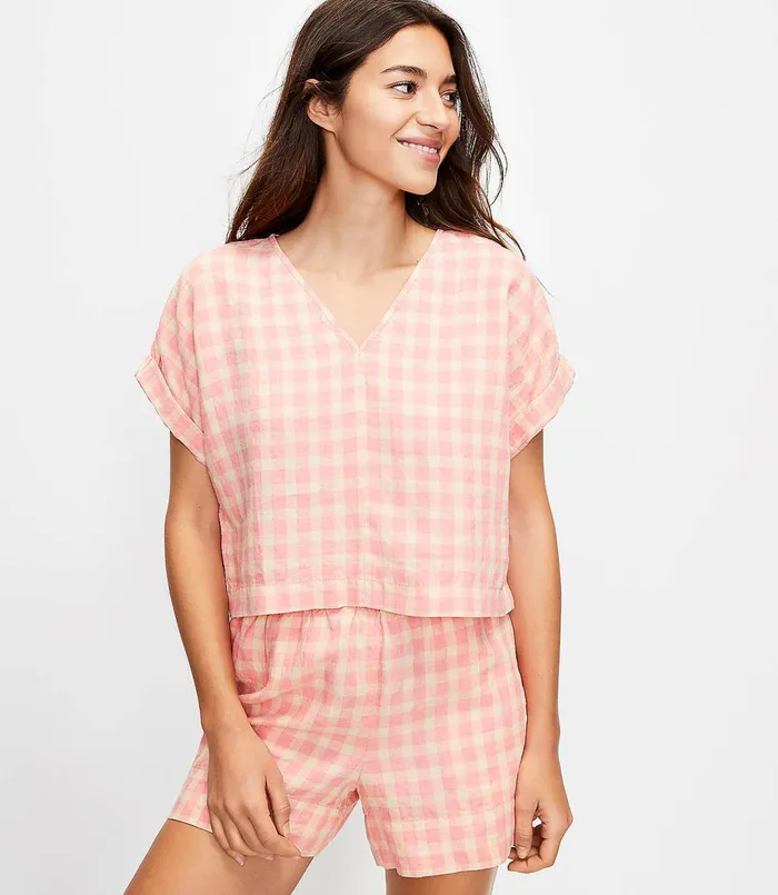 LOFT Lou and Grey Gingham Linen VNeck Top Light Pebble Women Loungewear